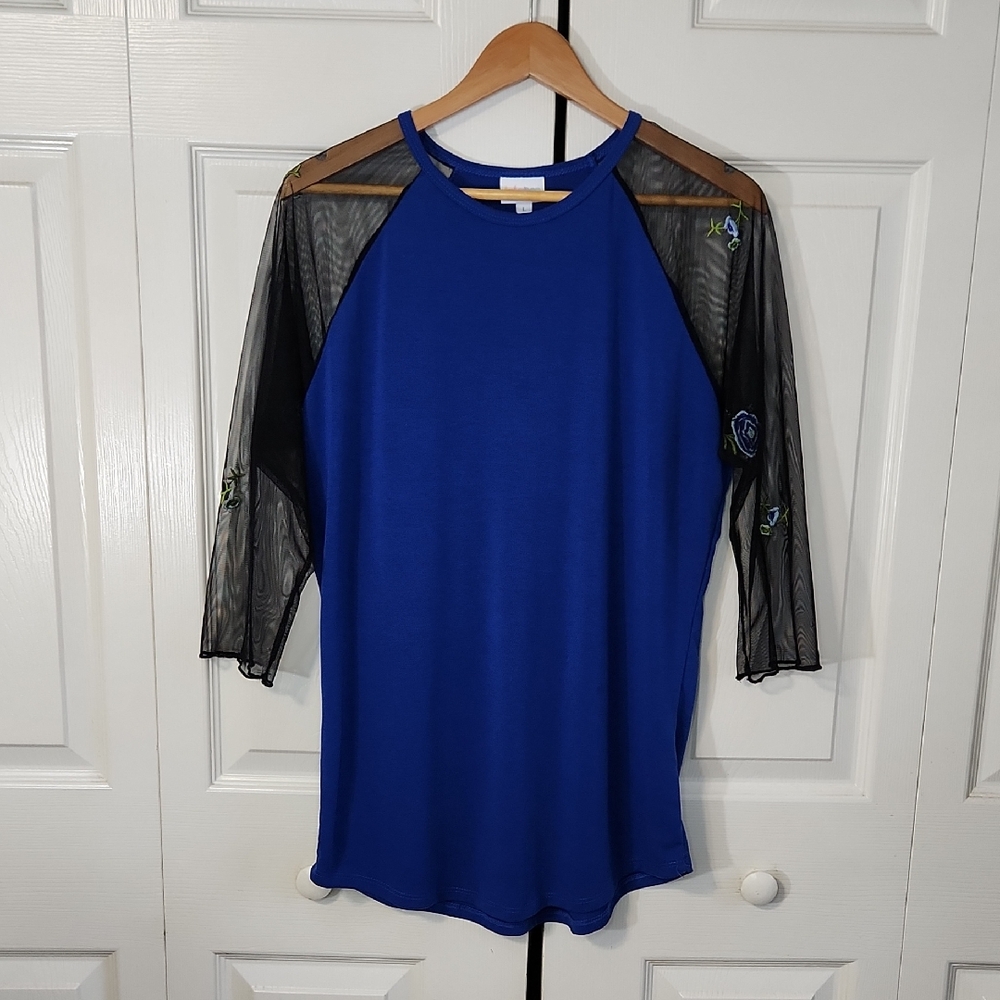 LuLa Roe Blue Jersey Knit Top Size LG‎ Black Mesh Sleeves Embroidered Floral